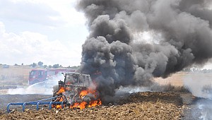 Traktör alev alev yandı