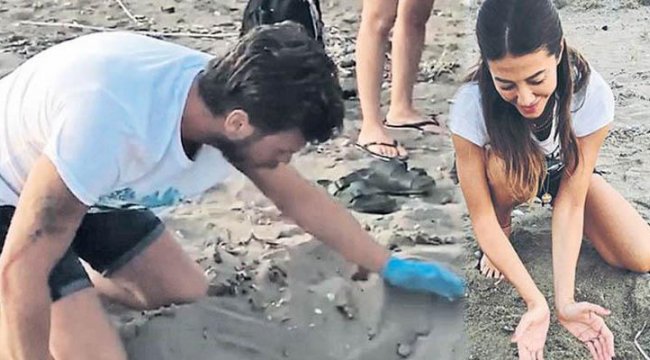 Kıvanç Tatlıtuğ ve Başak Dizer 64 yavru kaplumbağayı kurtardı