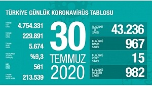  30 Temmuz koronavirüs tablosu! Vaka, ölü sayısı