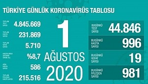 1 Ağustos koronavirüs tablosu! Vaka, ölü sayısı