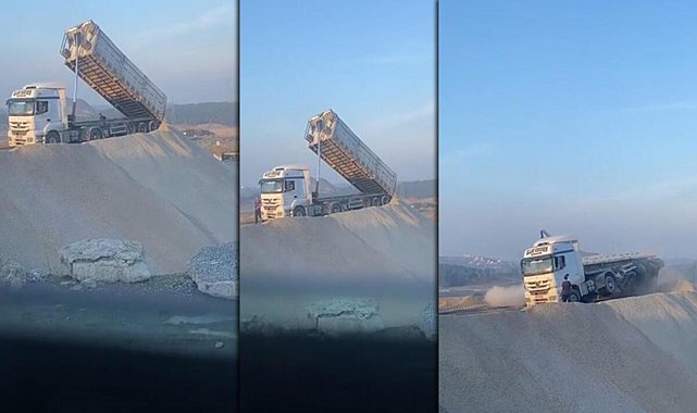 Hafriyat kamyonunun damperi devrildi! Sürücü saniyelerle ölümden kurtuldu