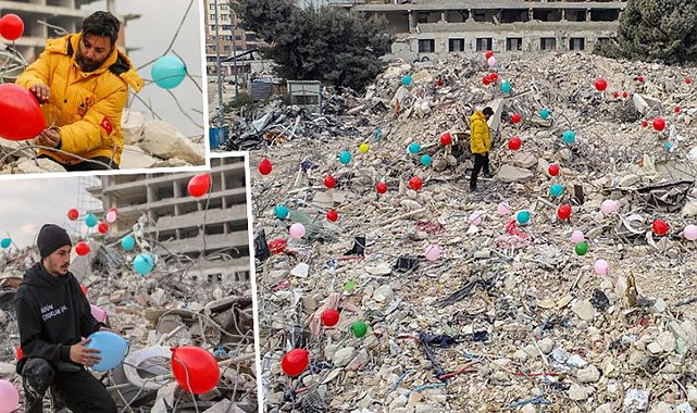 Hatay'da depremde ölen çocuklar için enkaz alanlarına renkli balon koydular