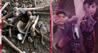 Çocuklar insan kemiklerini tutup kameraya gösterdi!