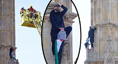 Londra'yı felç eden Filistin protestosu! Elizabeth Kulesi'ne tırmandı, kimse indiremedi
