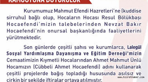 Lalegül Sosyal Yardımlaşma Dayanışma ve Eğitim Derneği'nden Kamuoyuna Duyuru